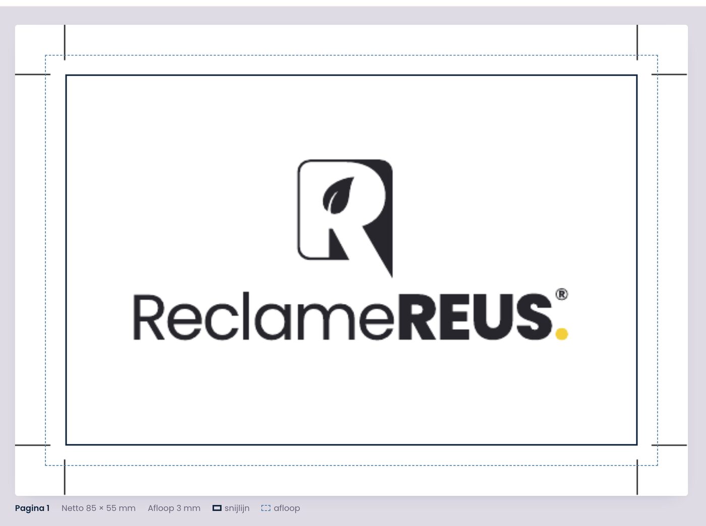 Visitekaartje van ReclameREUS in de studio: snijlijn, 3 mm afloop en snijtekens zichtbaar op het paginavoorbeeld