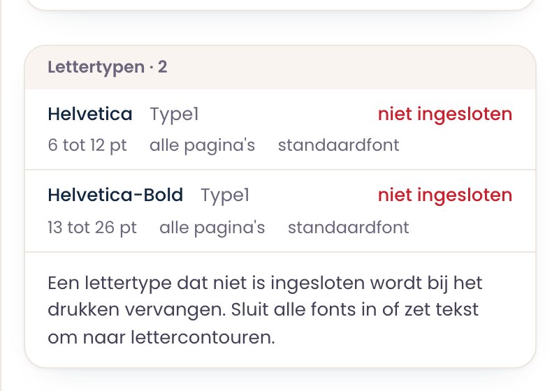 Bestandsinfo in de studio: Helvetica en Helvetica-Bold, Type 1, niet ingesloten, 6 tot 26 pt, alle pagina's