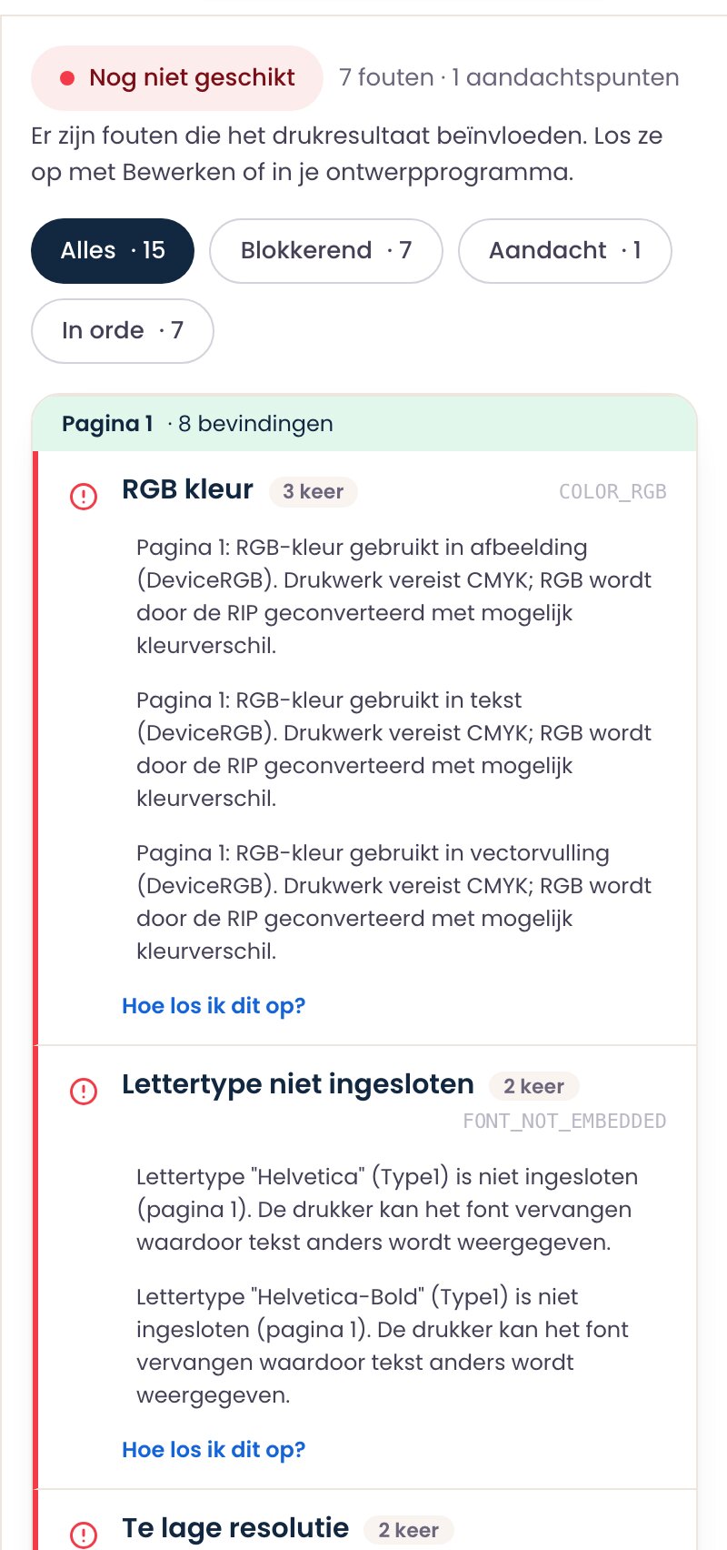 Rapport in de studio met de bevinding te lage resolutie: een afbeelding van 1024 pixels op 190 mm breed haalt 137 dpi