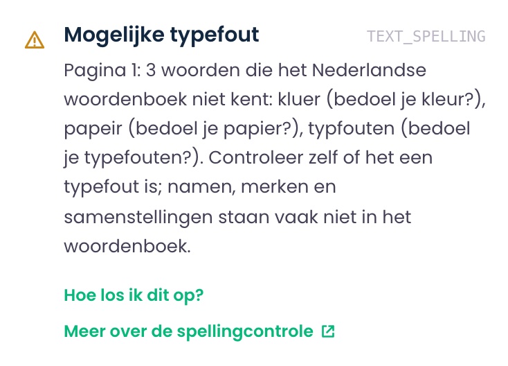 Melding in de studio: Mogelijke typefout op pagina 1, met kluer, papeir en typfouten en de suggesties kleur, papier en typefouten